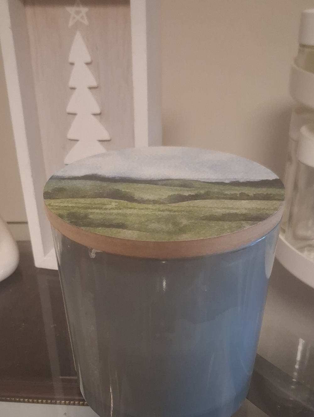 Lavender Lemongrass Stress Relief Candle Blue Glass Jar with Scenic Lid